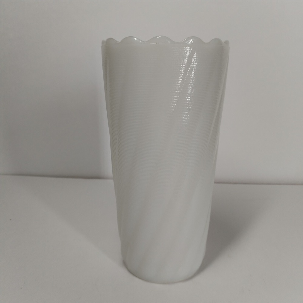 Vintage E.O. Brody Co. Milk Glass Scalloped Swirl Vase 7" Tall Textured